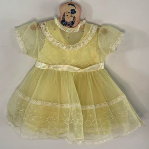 Vintage 1950s sheer yellow nylon embroidered dress with matching slip Size 2